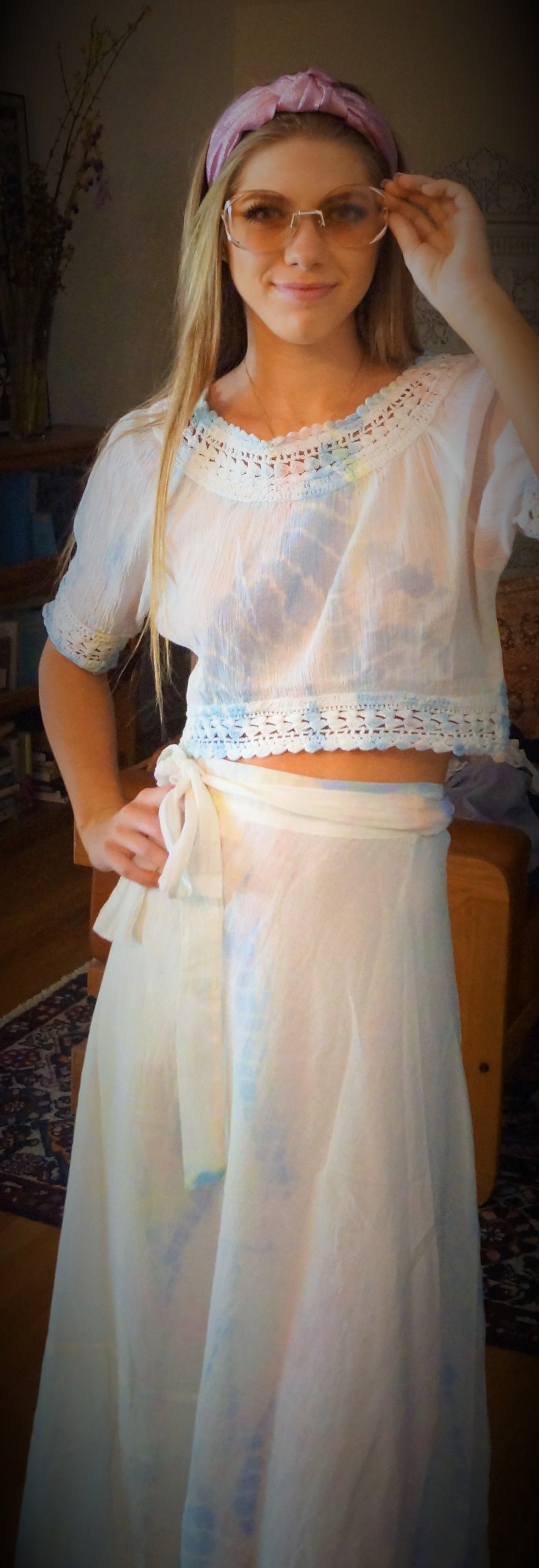 Cotton Calypso wrap skirt in pastel drip dye. 